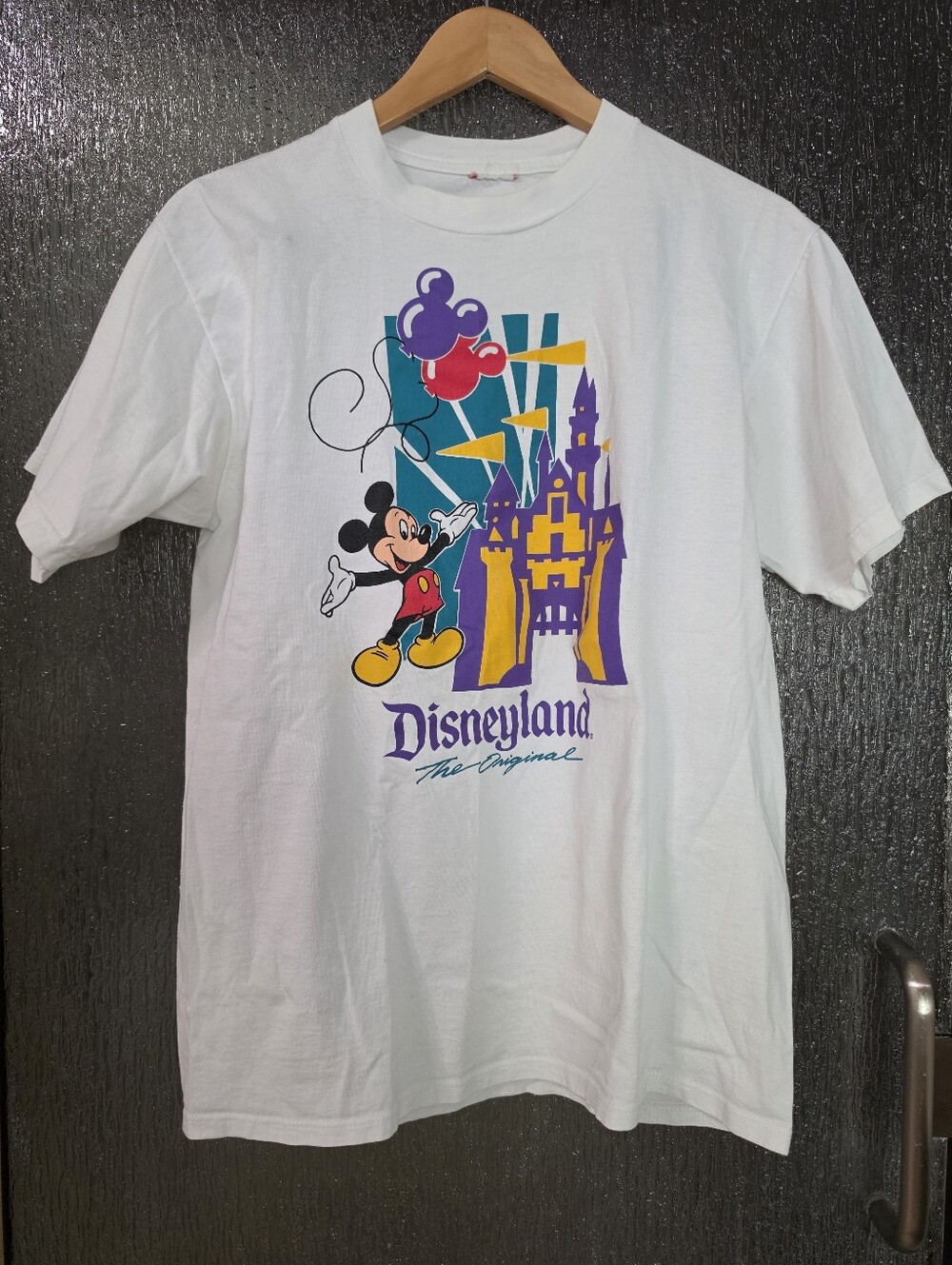 Retro Vintage Disneyland Mickey Mouse Graphic Tee in White with Purple & Yellow